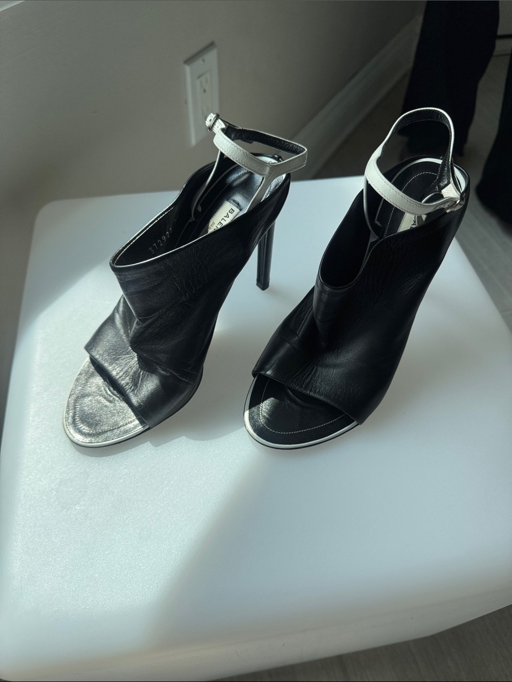 Balenciaga Black Leather Open-Toe Stiletto Sandals with White Ankle Strap